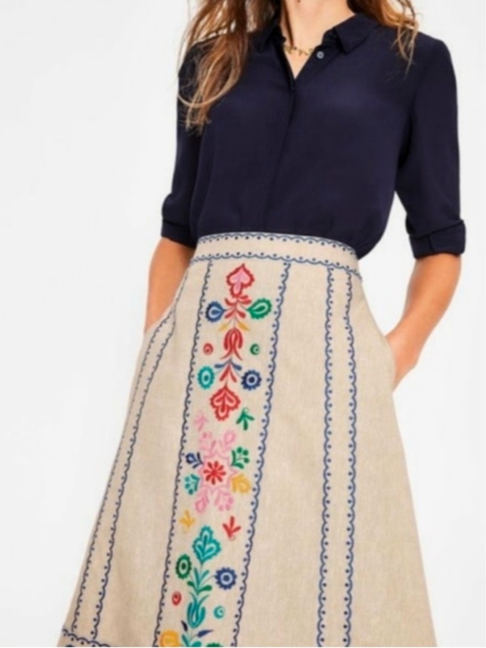 Boden Women's Size 8P Brooke Embroidered Cream Floral Midi Skirt Linen Blend - Picture 14 of 16